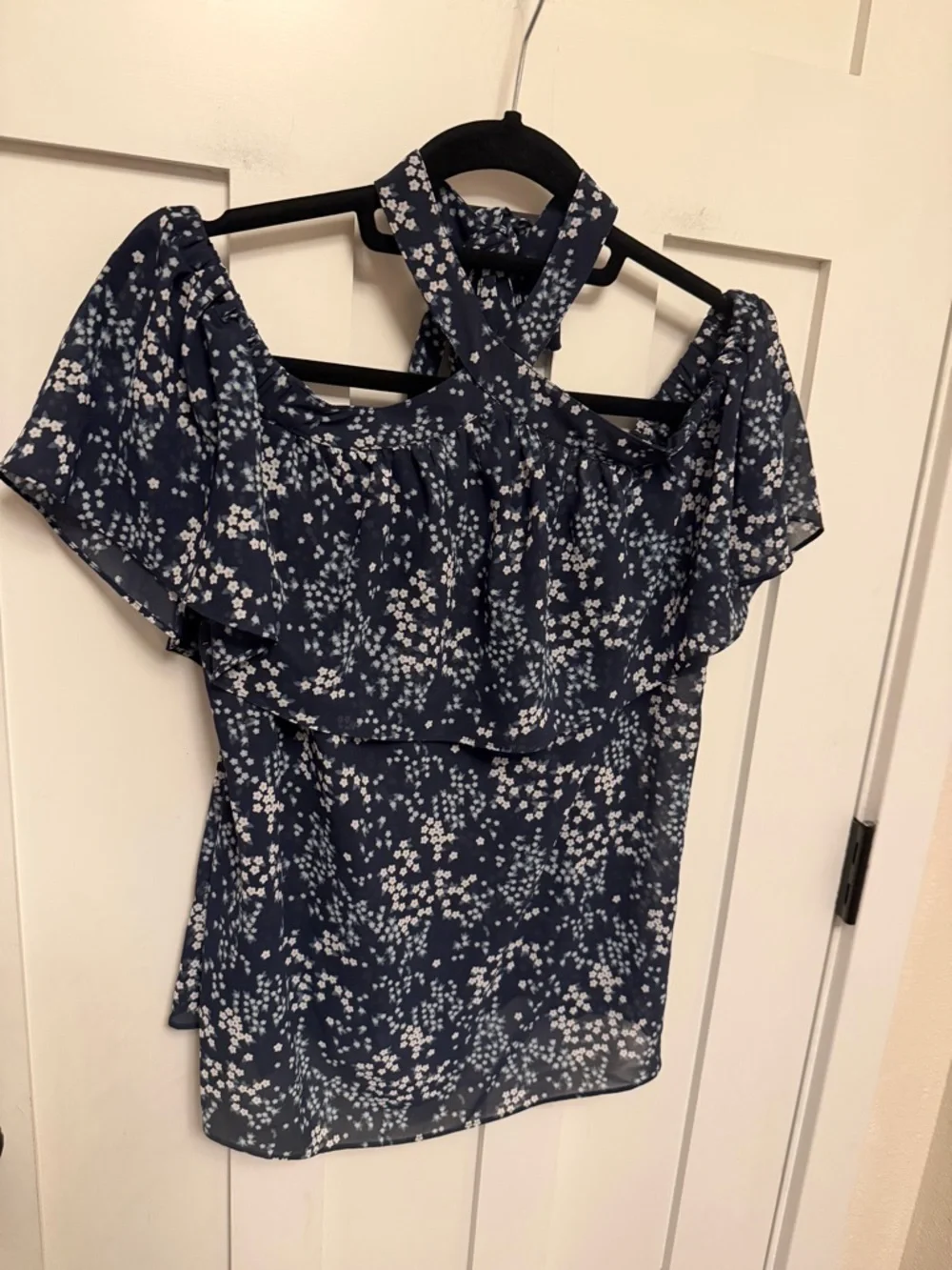 Michael Kors Women's Ditsy Floral Blue chiffon Halter Top Blouse Large